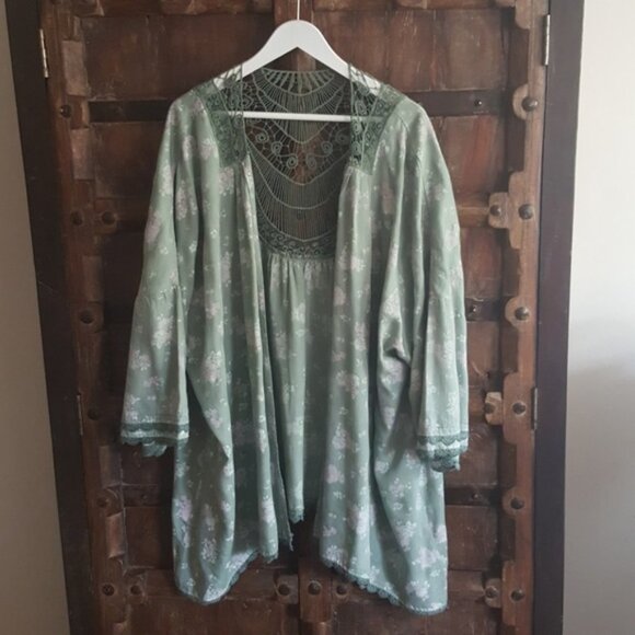Anthropologie Billy T crochet mint and floral  back kimono cardigan cover up - Picture 5 of 10